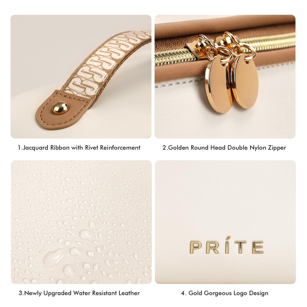 Prite Makeup Bag for Women Travel Waterproof Vegan Leather Cosmetic Bag Open Flat Toiletry Bag With Clear Divider and Handle (Beige, Medium)