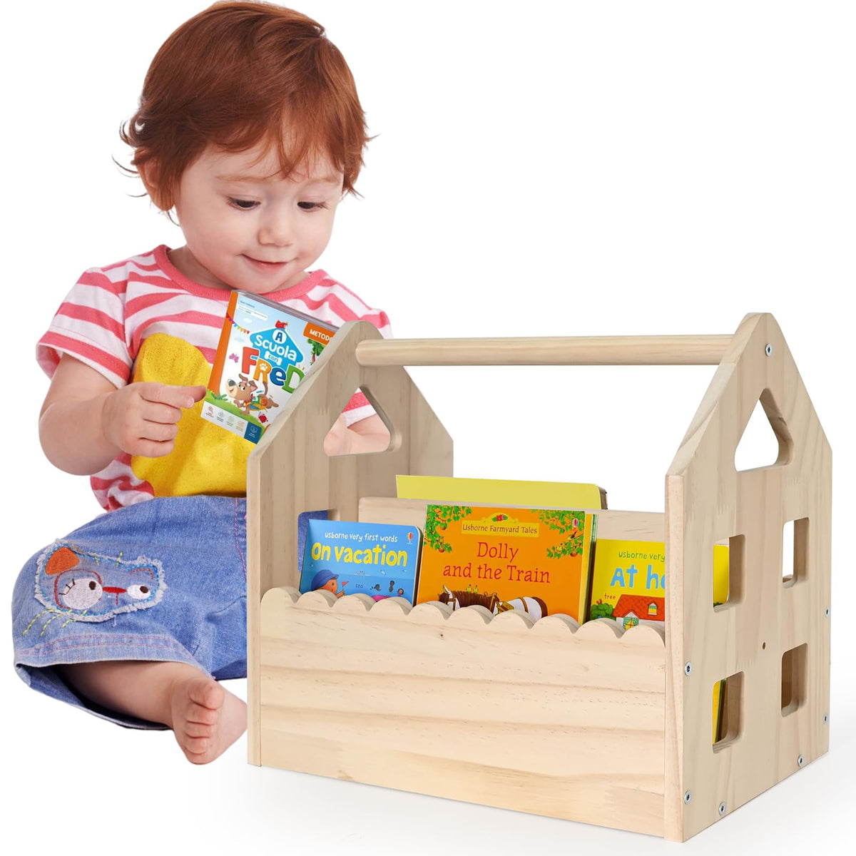 ElasignShopo Double-Sided Montessori Scalloped Bookshelf for 1-5 Years, Nursery Cute Storage for Books, House Shape Wooden Nursery Small Bookshelf, Room Furniture, Baby Bookcase 12 * 11.6 * 7.9"