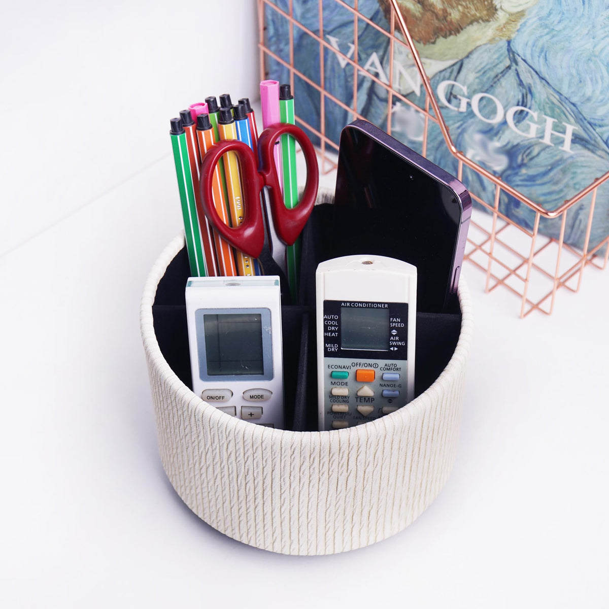 Lvkjafaz Round Leather Art Supply Organizer,Remote Control Holder,360 Degree Spinning,Multi-Functional Pencil Holder,4 Compartments Desktop Stationary Organizer(1-Wood Beige)
