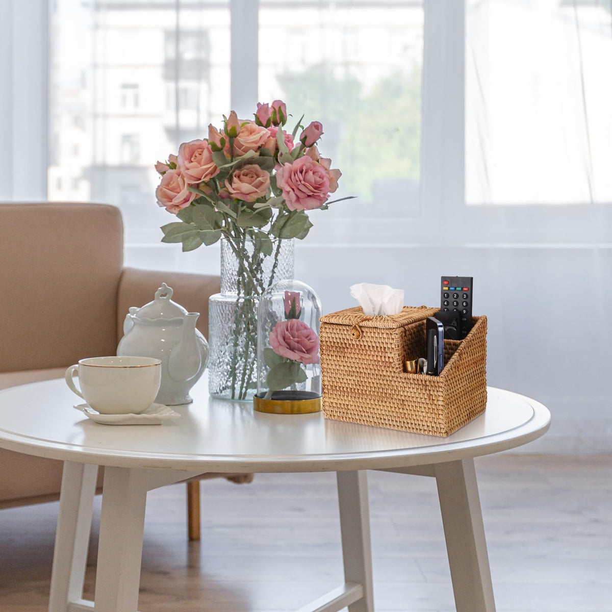 Sumnacon Tissue Box Square Tissue Box Cover with Storage Rattan Tissue Box Holder with 2 Side Organizer,Wicker Tissue Cover Cube Tissue Holder for Bathroom Living Room Table Desk Office