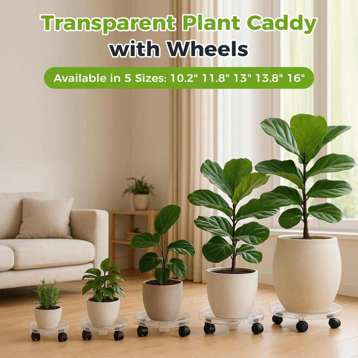 KvyusFlourish 4 Packs 13.8 Inches Large Clear Plant Caddy Plant Saucers on Wheels Rolling Plant Stands Heavy-duty Plant Dolly Plastic Planter Roller Base Pot Movers Outdoor Plant Tray Coaster