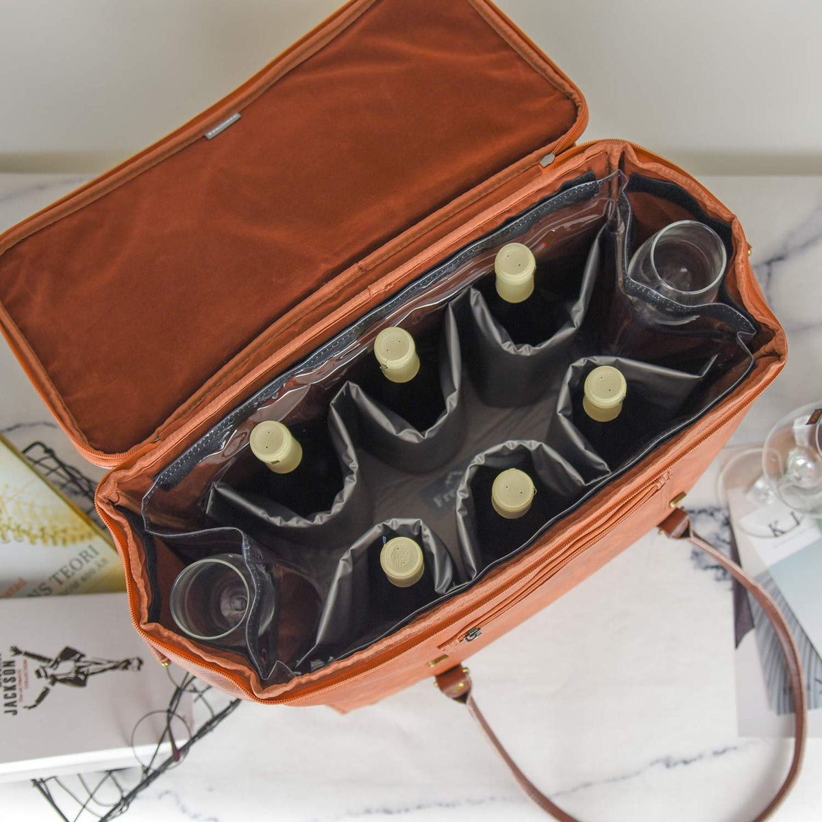 Freshore® 6 Wine Bottles Carrier Leather Bag - Insulated Cooler Travel Tote - Premium Large Portable Bottle Carrying, Waterproof Full Padding Wine Lovers Protection, Dark Brown