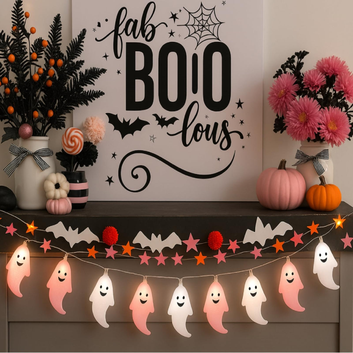 Glooglitter Pink Halloween Ghost Lights String, 6.5 ft, 2 Pcs, Plastic, Cute Indoor/Outdoor Decorations, Model JEI-Glooglitter-1997