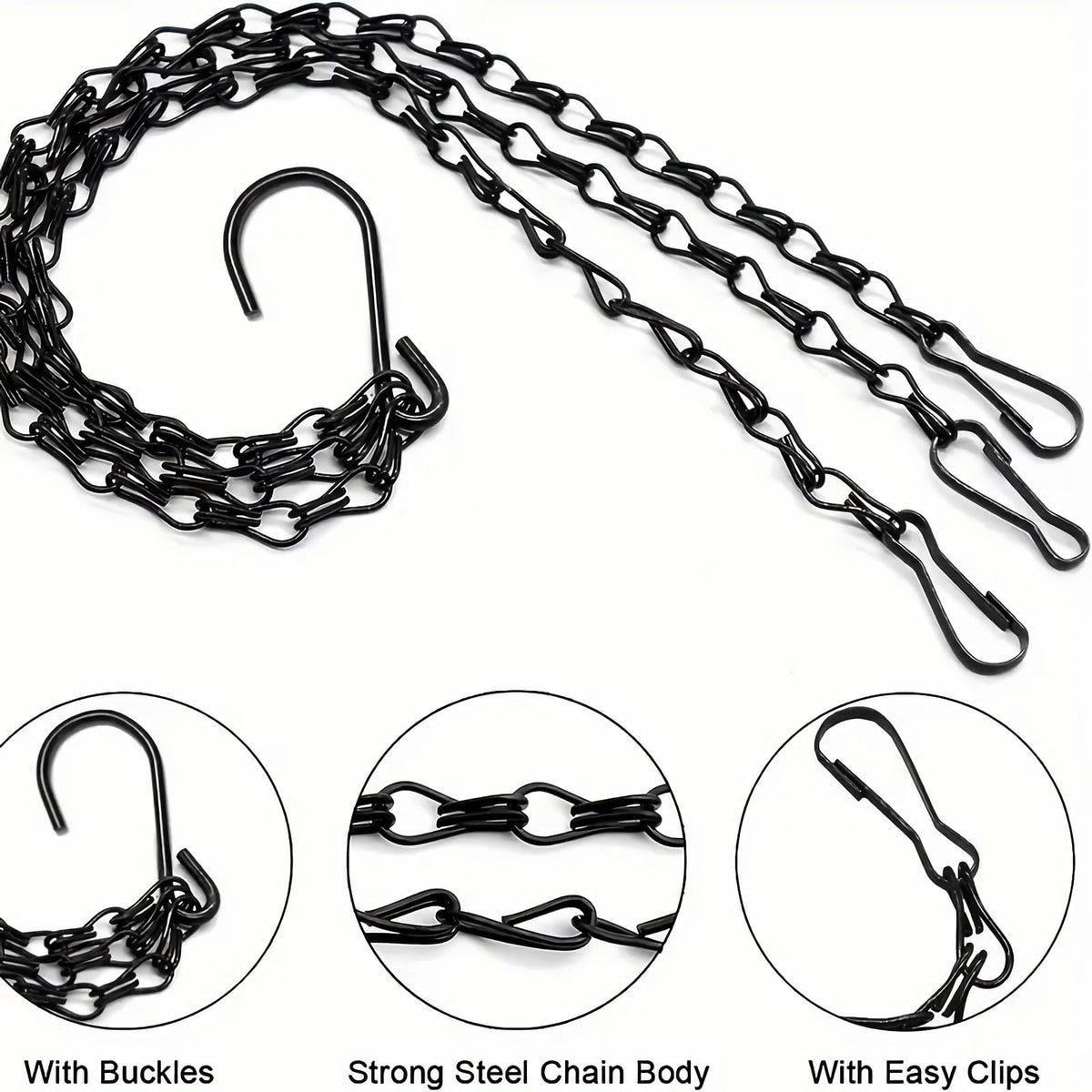 Tgpiao Hanging Basket Chain, 3 Sets Plant Hanger Metal Chains with Clips for Flower Pots, Planters, Bird Cage, Lanterns(Black) (Clips)