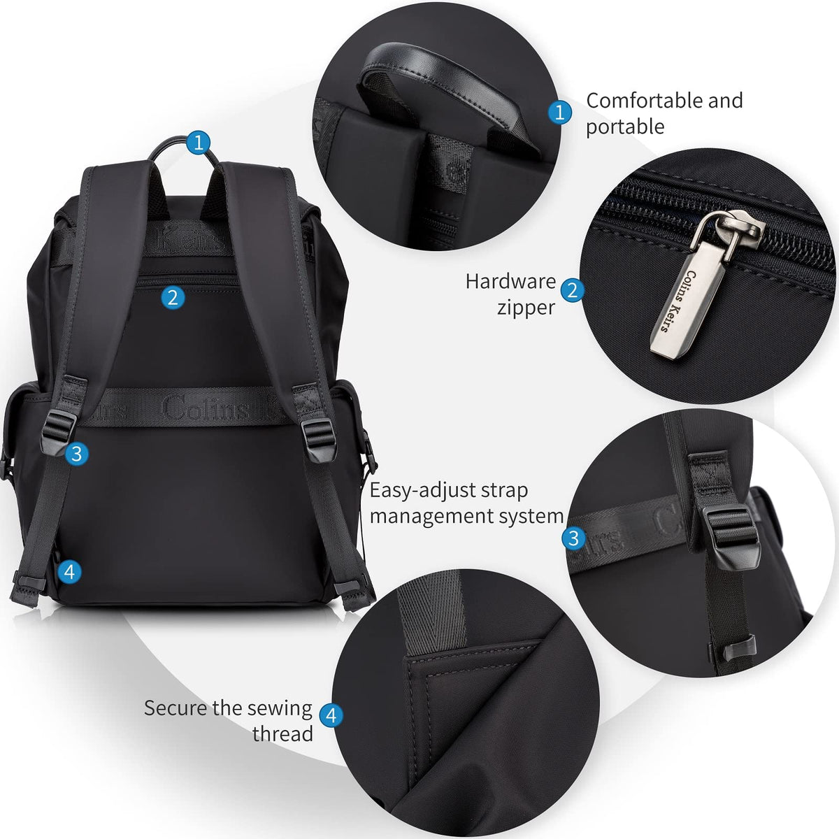 Colins Keirs Black Backpack for Men, 16 Inch Laptop Backpack with Computer Compartment, Slim Waterproof Drawstring Tech Backpack for Travel, Work, College & Daily Use