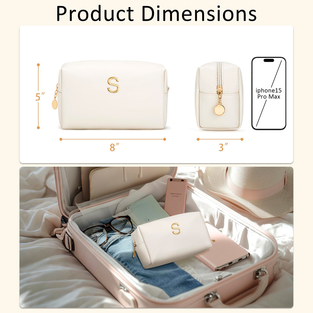 CLOUDWINGS Gifts for Women Bridesmaid Gifts Personalized Initial Makeup Bag PU Leather Cosmetic Waterproof Travel Toiletry Bag (Beige S)