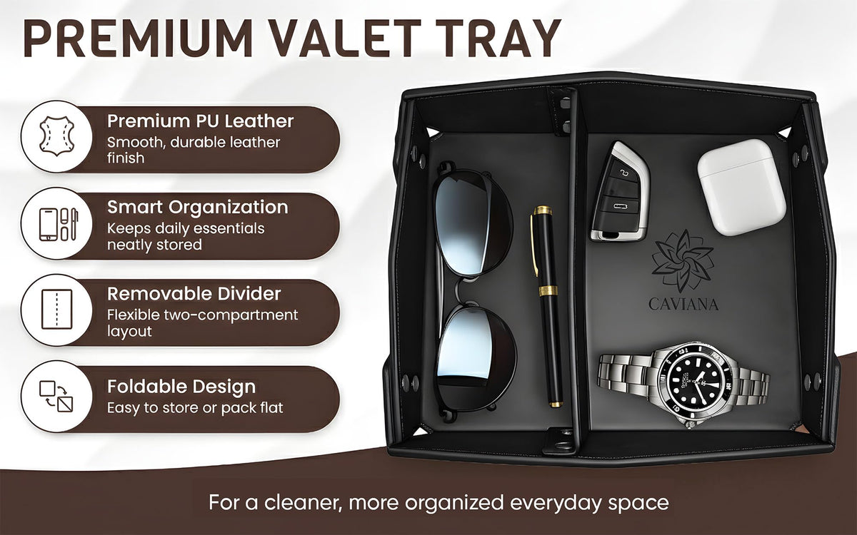 CAVIANA Valet Tray Organizer for Men & Women - PU Leather Catch All Tray with Removable Divider - EDC Storage for Keys, Watch, Phone - Nightstand, Dresser & Desk Organizer - Obsidian Black