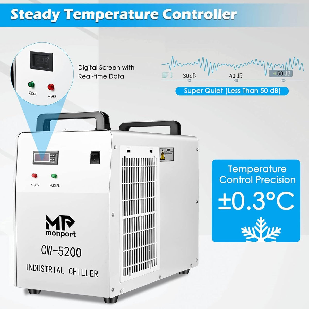 Monport 6L Industrial Water Chiller CW-5200 0.9hp 2.6Gal/min Water Cooling System for 50W-150W CO2 Laser Engraver＆Cutter Machine
