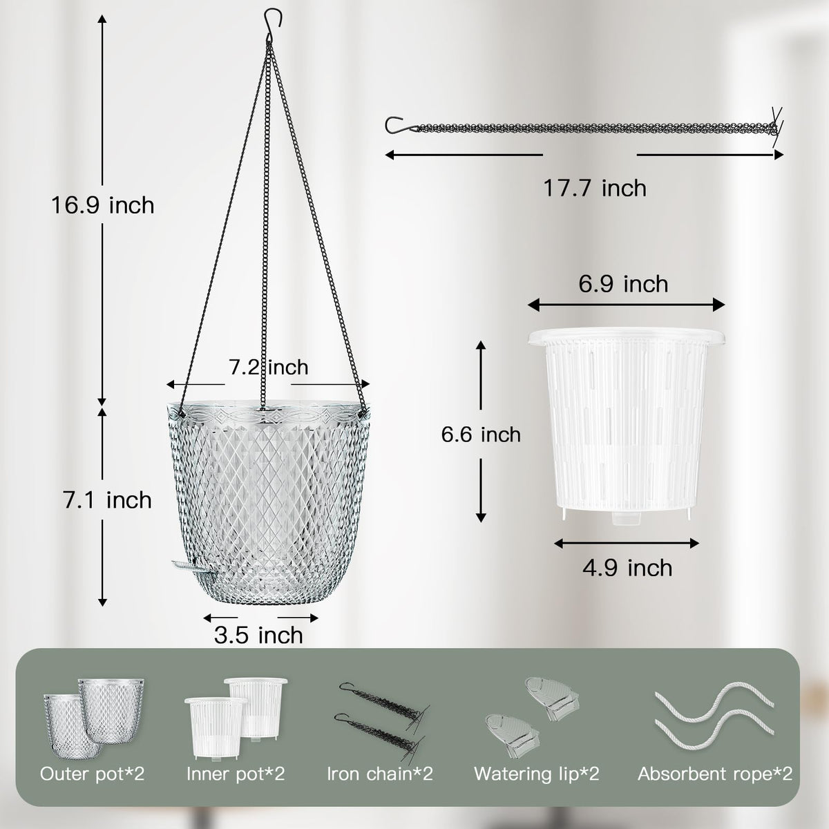 QCQHDU Hanging Planters for Indoor Plants, 2-Pack 7.2 Inch Self Watering Hanging Pots, Plastic Plant Hanger with Drainage Holes and 3 Hooks Chains for Garden Home (Clear)