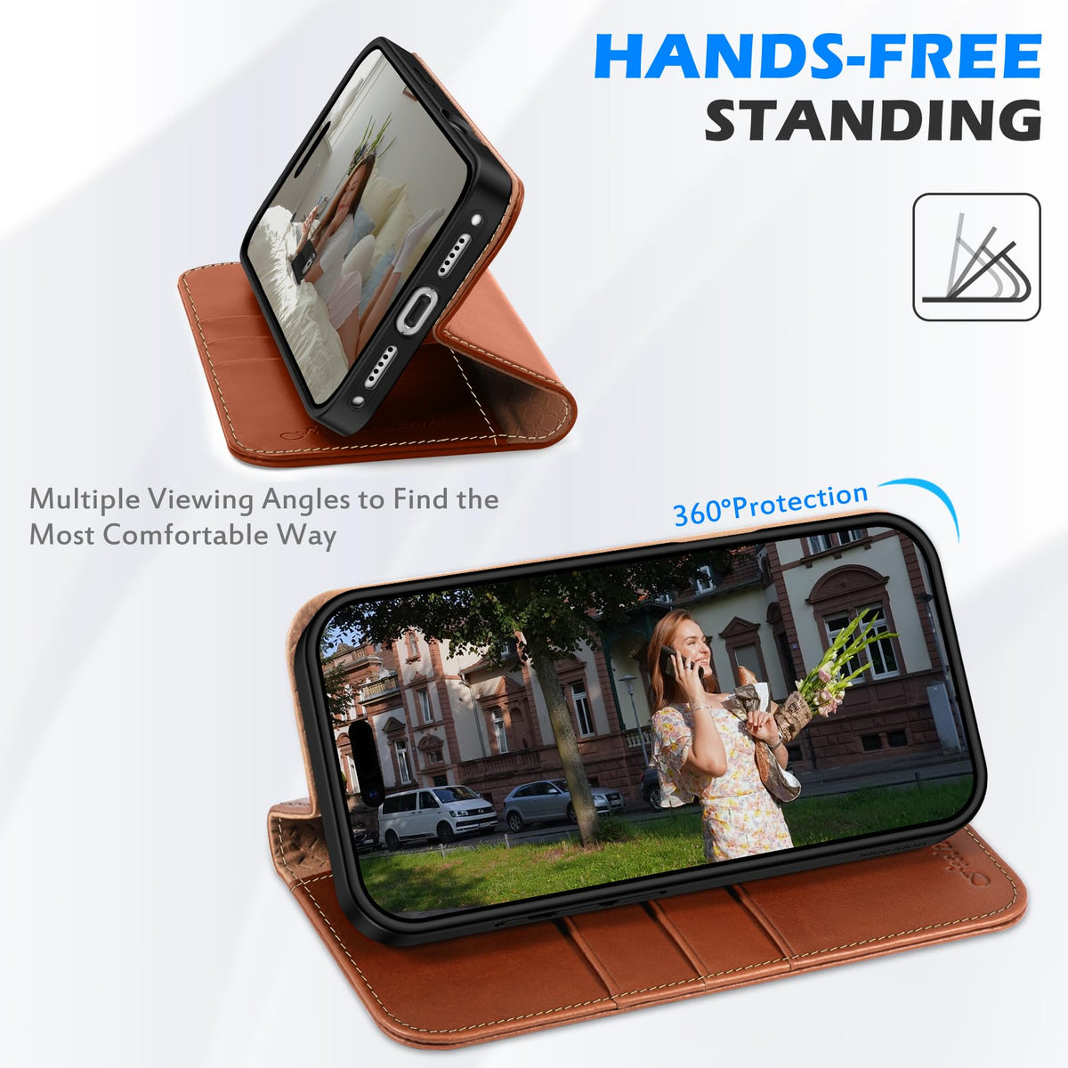SHIELDON Genuine Leather Wallet Case for iPhone 17 Pro 6.3" 2025 | Flip Cover | Magnetic Closure | RFID Blocking Credit Card Holder | Kickstand | Shockproof Phone Cover | Retro Brown