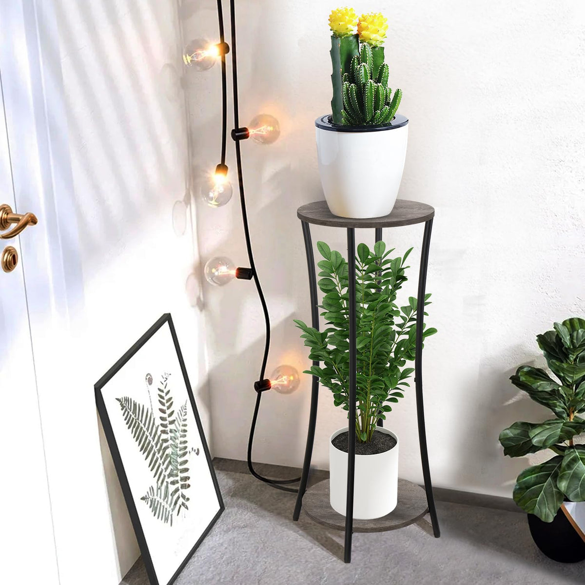 YINMIT Plant Stand Indoor,2 Tier Round Potted Holder Rack,Flower Pot Stand Shelf,Round Supports Rack,Corner Plant Shelf for Balcony Garden Patio Living Room,Grey