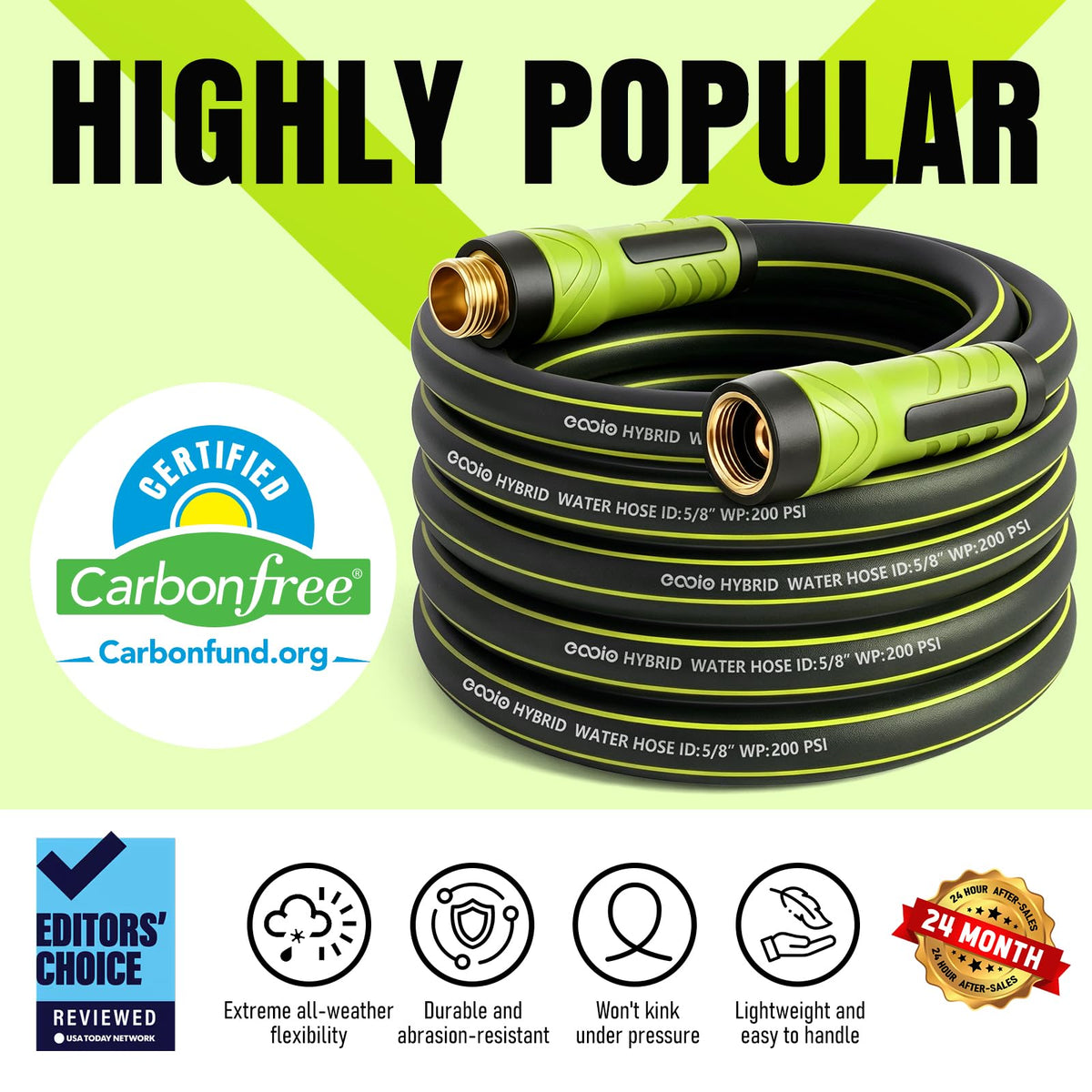 Garden Hose 25ft x 5/8", Heavy Duty Water Hose, Flexible and Durable, Kink Resistant Lightweight Hybrid Hose, Leakproof Yard Hose with Male to Female Fittings