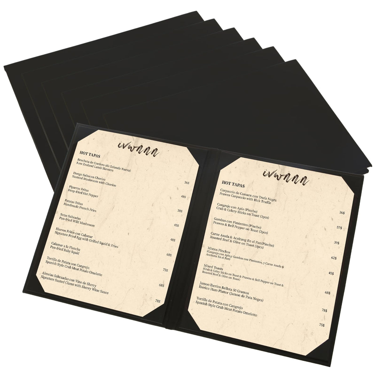 IVWNNN 8.5'' x 11'' Menu Covers 6 Pack Black PU Leather Menu Holders Book Style with Angled Corners Double View Menu Sleeves Easy-Insert Design Waterproof for Bar Cafe Restaurant Menu Covers