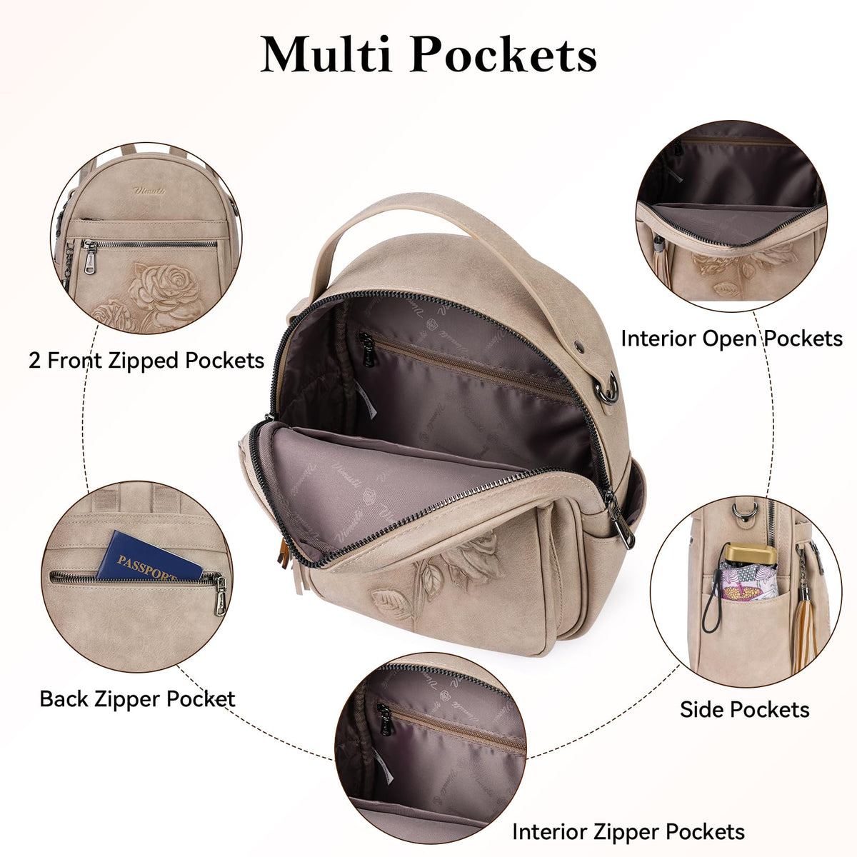 VIMUTI Mini Backpack Purse for Women,Embossed Vegan Leather Small Backpack Fashion Backpacks Daypacks Shoulder Handbag (Apricot)