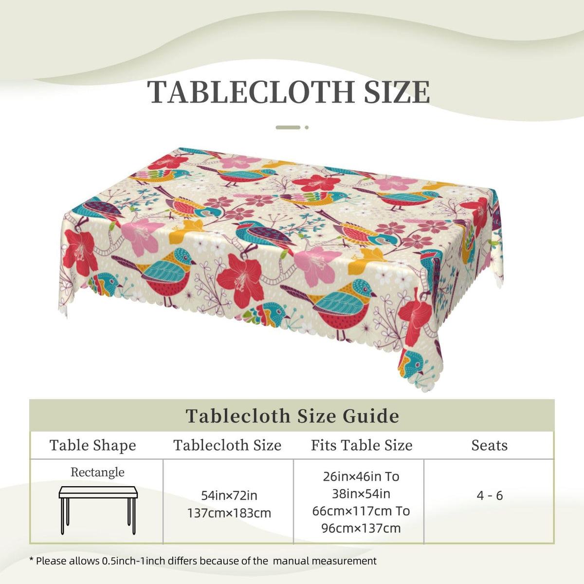 LORCARVIS Floral with Birds Tablecloth Floral Birds Pattern Polyester Rectangle Table Cloth Washable Seasonal Tabletop for Kitchen Dinning Party Outdoor Picnic 54 x 72 Inch Tablecloths