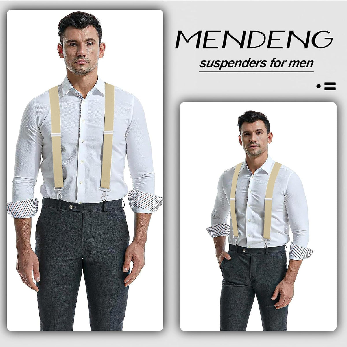 MENDENG Suspenders for Men with 4 Snap Hooks Adjustable Braces Groomsmen Beige