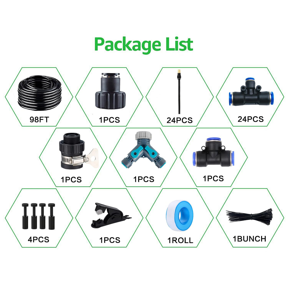 100FT Drip Irrigation Kit, Automatic Garden Watering System with Tool-Free Quick Connectors, 360° Bending Drippers & Copper Misting Nozzles for Greenhouse, Patio, Lawn & Vegetable Garden. (30M)