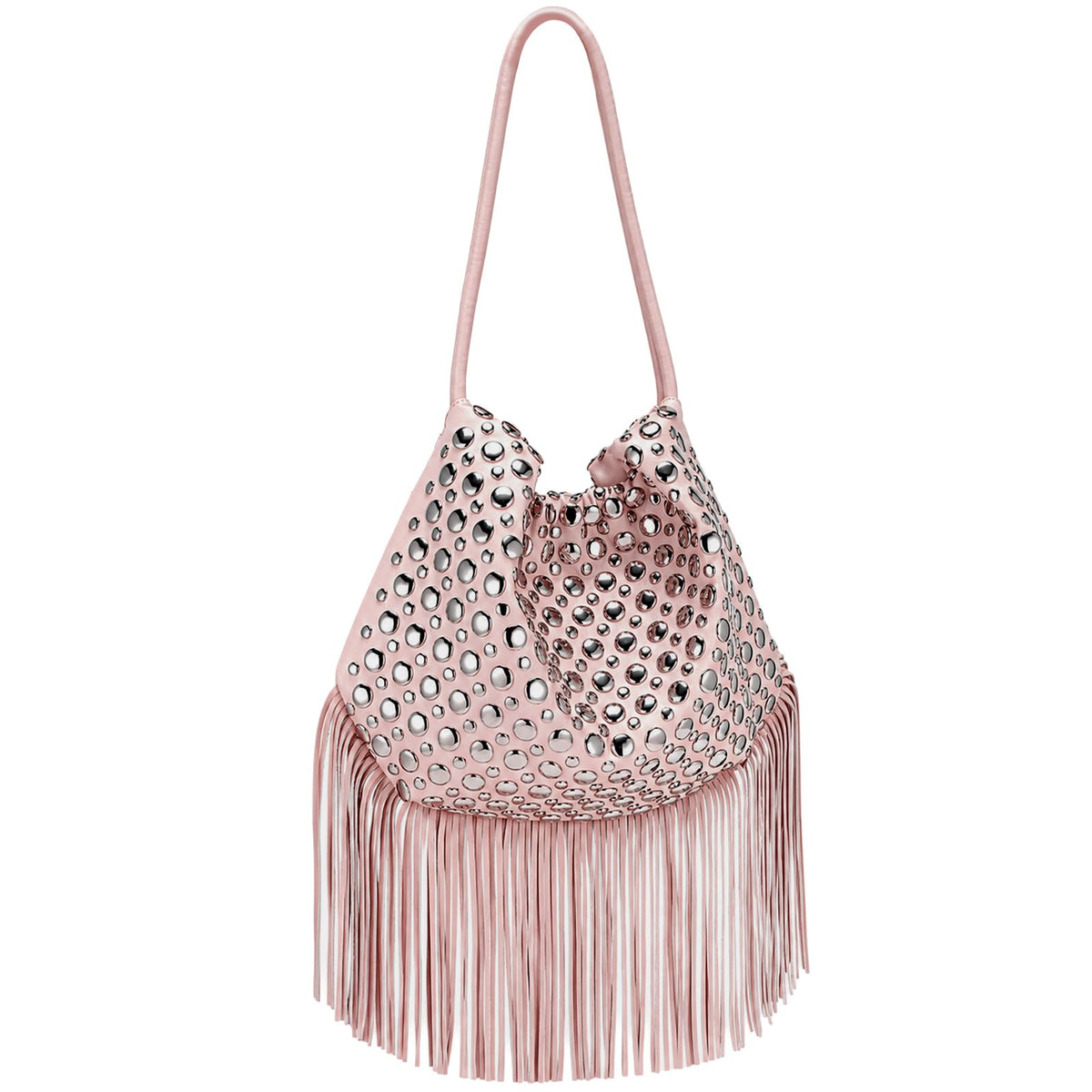 Gixuantang Leather Hobo Shoulder Bags for Women,Fringe Tassel Bucket Tote Handbag with Studded Silver Rivet in Daily Life (Pink)