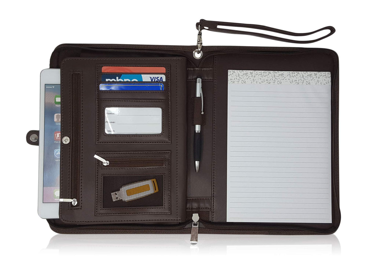 Zippered Portfolio Binder with Junior Legal 5x8 Notepad - Dark Brown PU Faux Leather Business Padfolio Organizer Folder with 8 Inch Tablet Sleeve & Gift Box by Lautus Designs