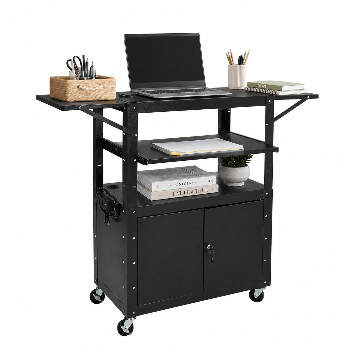 Portable AV Cart with Locking Storage Cabinet, Adjustable Laptop Stand & Drop Leaves, Rolling Workstation with Power Outlets for Classroom, Office, or Home Use