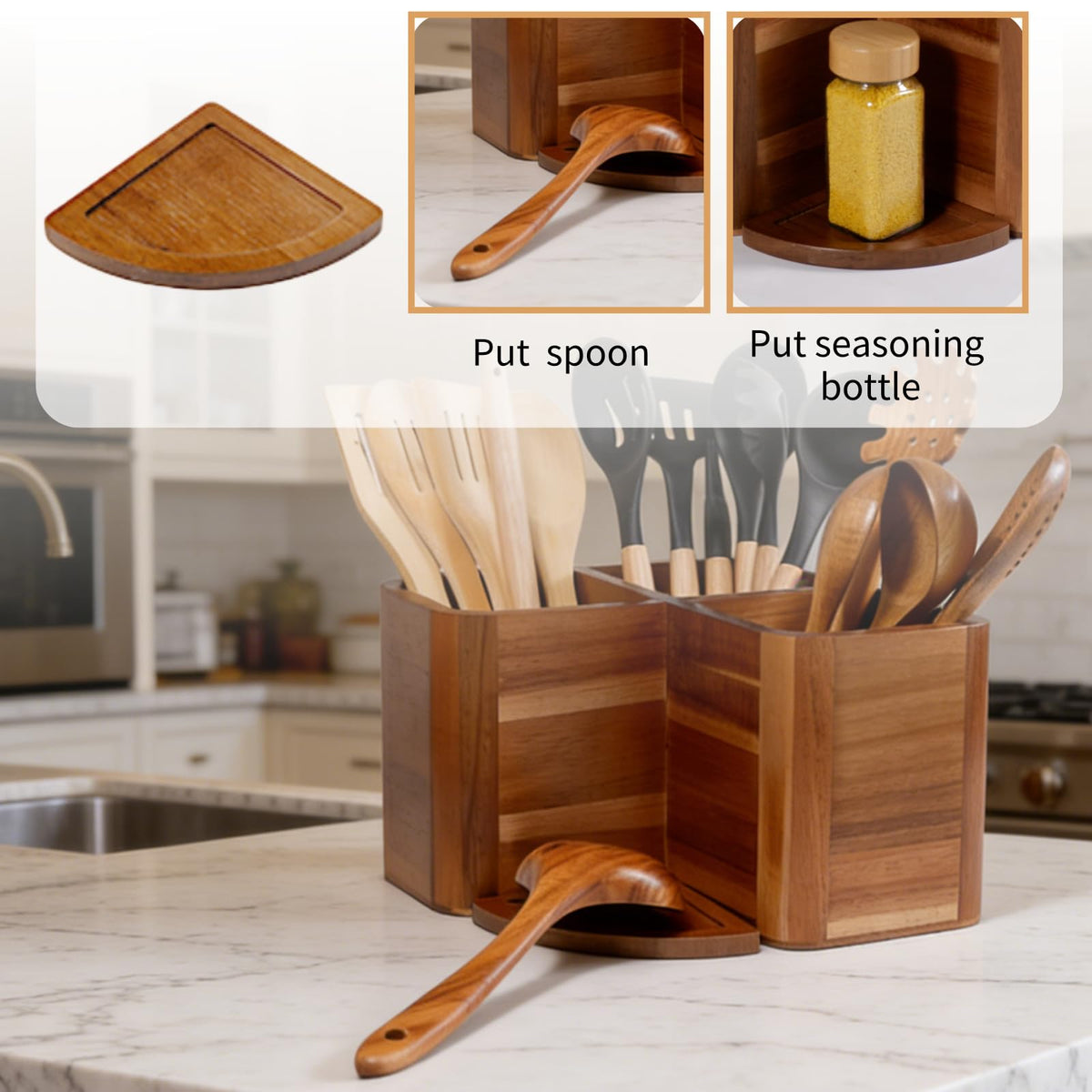 Liberal Brightdeer Large Kitchen Utensils Holder with 3 Compartments,Corner Utensil Caddy for Countertop,Acacia Wooden Utensil Organizer for Kitchen Countertop, Farmhouse Decor