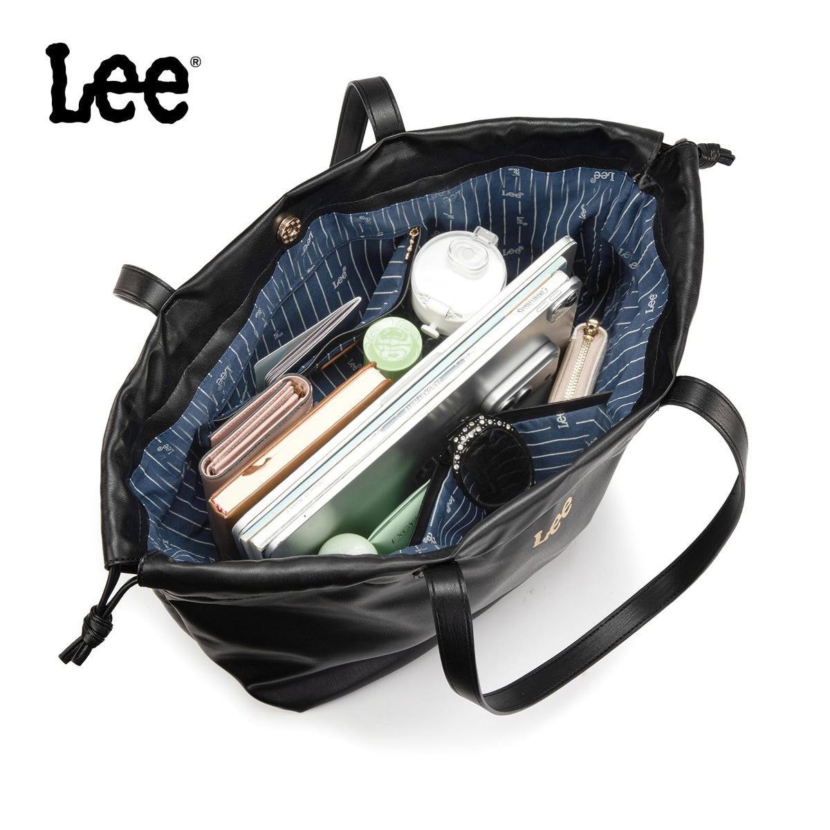 Lee Leather Tote Bag for Women, Spacious Vegan Leather Shoulder Bag & Handbag with Drawstring Closure, Durable Shoulder Straps, Large Capacity Work & Travel Purse, LEE73-001BK