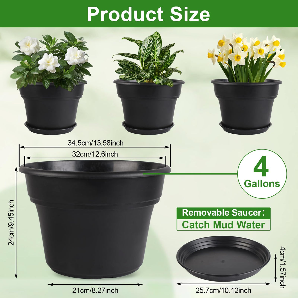 Myfeegoin 13-inch-Plant-Pots, 4 Pack Large Planters for Outdoor Plants, Plastic Flower Pots Indoor with Drainage Holes & Trays, Classic Garden Pot Container for House