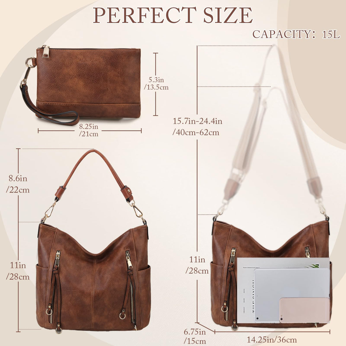 Chase Chic Hobo Bag for Women Handbags Purse Stylish with Detachable Strap Large Boho Shoulder Bag Crossbody for Ladies Easy to Clean,Working,Travel,Business(Brown)
