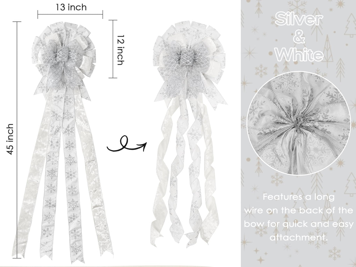 HUIHUANG Silver and White Christmas Tree Topper Bow 13 inch x 45 inch Large Glitter Christmas Bows Snowflake Velvet Bows for Christmas Tree Ornament, Wreaths, Staircase, Mantel, Home Decor