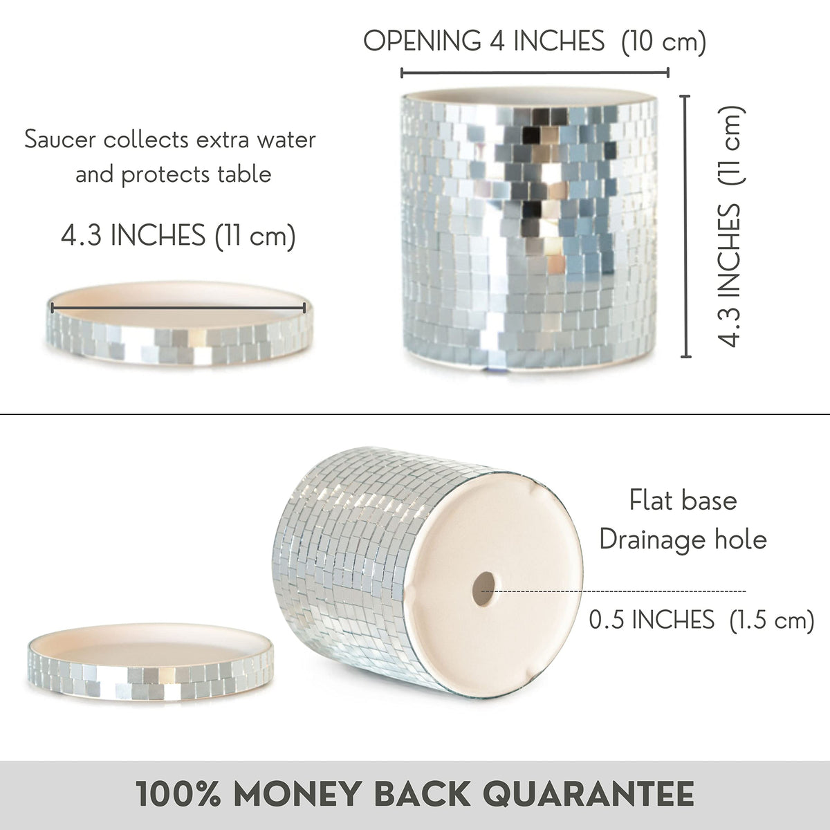 SCANDINORDICA Disco Ball Planter 6" Silver with Chain and Macrame Hanger and Disco Ball Planter Pot 4.3" with Saucer (0.3x0.3 mirror tiles)