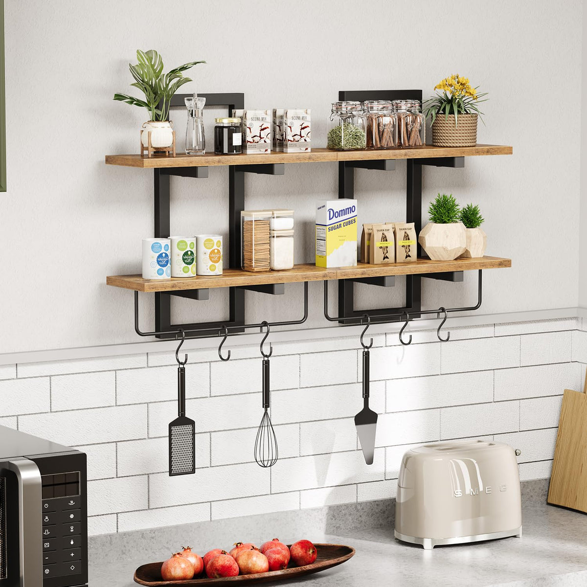 Creso hom Floating Shelves for Wall Set of 2, Wood Wall Shelf with 6 Hooks, 2 Tier Hanging Decorative Storage Shelves for Living Room Bedroom Bathroom Kitchen Office Coffee Bar, Rustic Brown