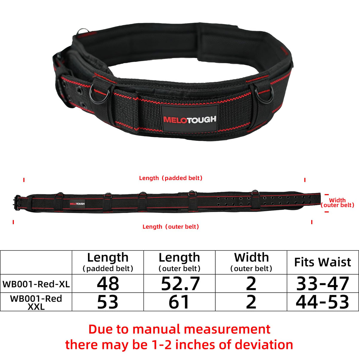 MELOTOUGH Padded Tool Belt with D ring for men construction Strong Durable Double Metal Roller Buckle,adjustable waist 44'-53'thick confortable foam padding (XXL)