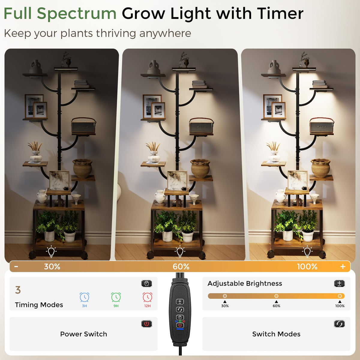 Plant Stand Indoor with Grow Lights - 9-Tier Plant Stand with Wheels, Tall Metal and Wood Indoor Plant Shelf with Tree Design, Rolling Flower Pot Holder Rack with Waterproof Finish, Adjustable Display Stand for Home Garden, Patio, 62" Tall
