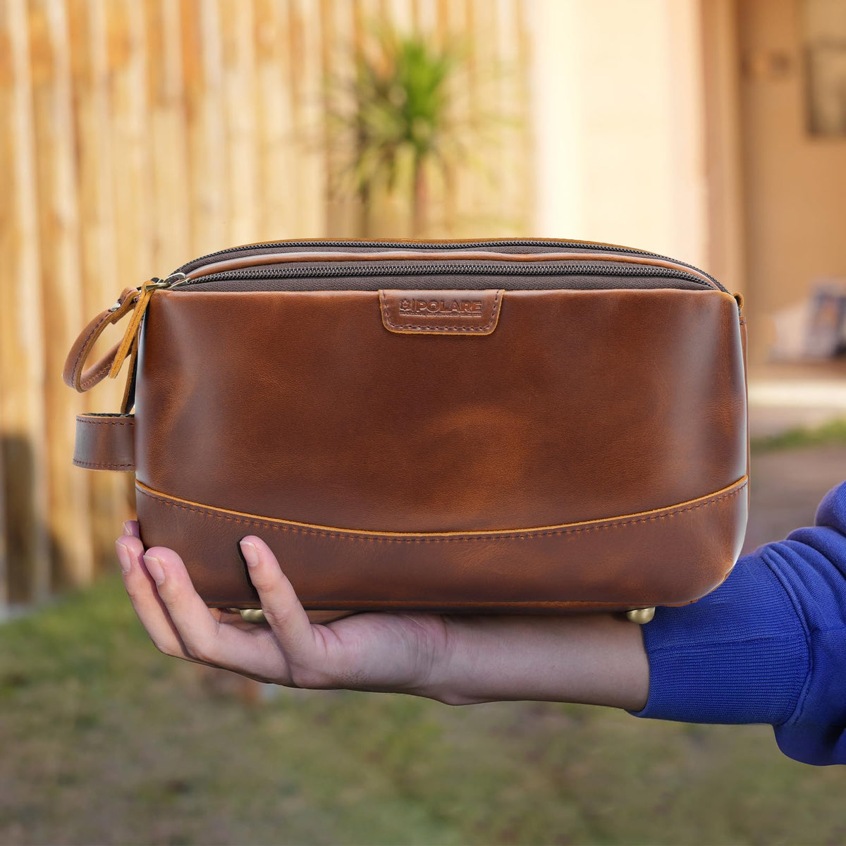 Polare Full Grain Leather Toiletry Bag for Men Large Travel Cosmetic Case Dopp Kit Shaving Kit Wash Pouch with YKK Zippers (Brown)