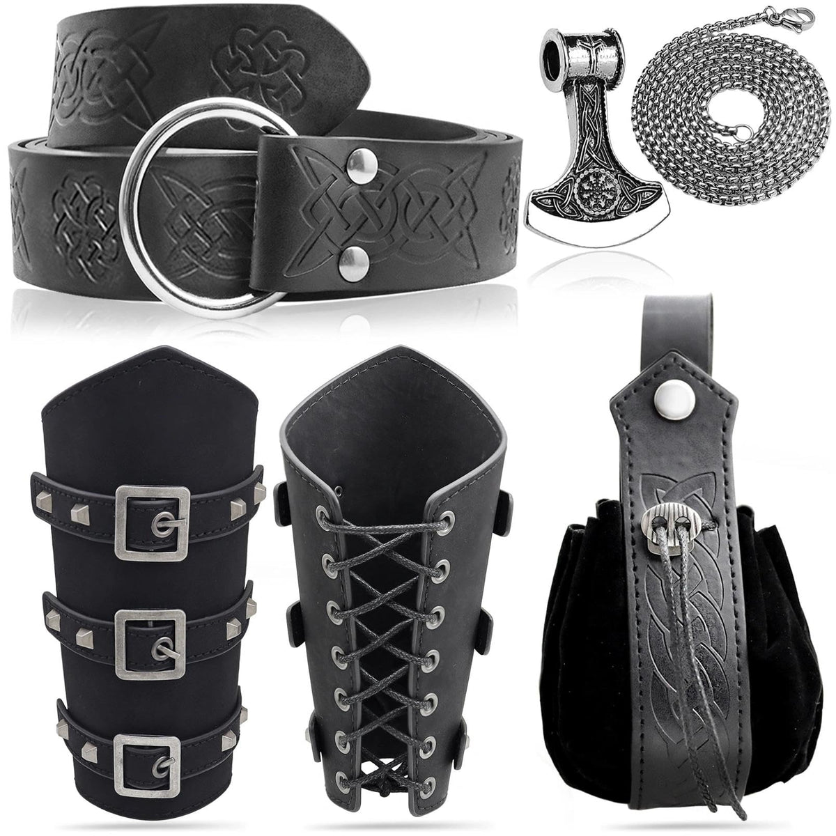 5pcs Medieval Viking Knight Bracers Arm Guards,Knight Belt,Drawstring Purse Pouch Bag and Stainless Steel Chain Axe Necklace Set for Renaissance Faires,LARP events,or Halloween costumes,5 Black set