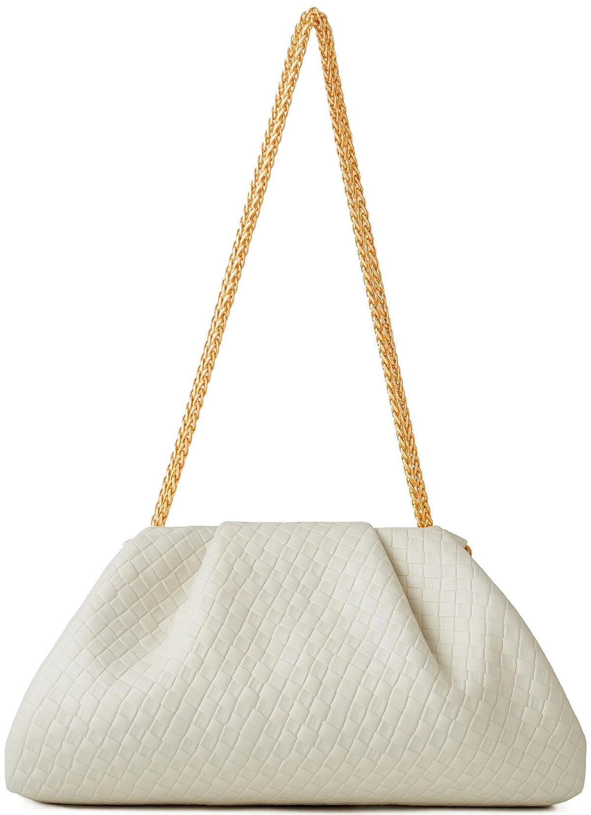 ChrisWish Women's Woven Evening Bag Ruched Dumpling Clutch Purse Detachable Chain Crossbody Bag(Beige White)