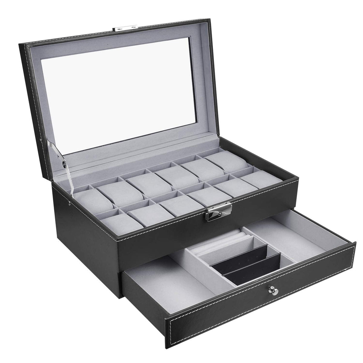 Hossejoy Leather Watch Box 12 Mens Watch Organizer with Jewelry Display Drawer Lockable Watch Case Organizer, Black