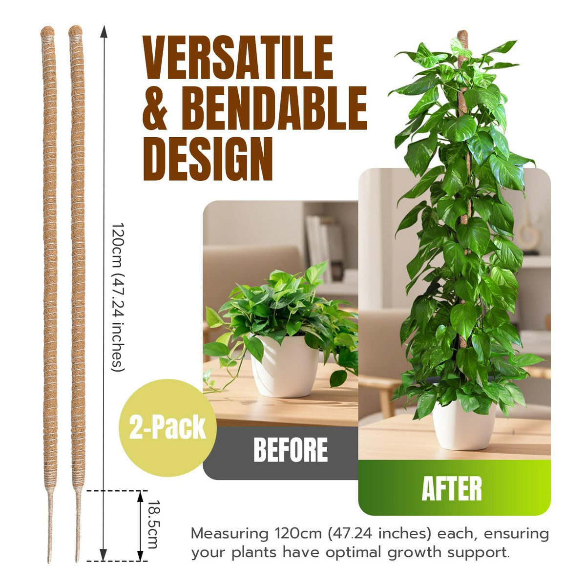 Mcbazel 2 Pack 47 Inch Bendable Moss Pole for Plants Monstera - Tall Coco Coir Plant Support Stakes for Large Indoor Climbing Plants Vines - Flexible Totem Stick Kit with Full Garden Ties