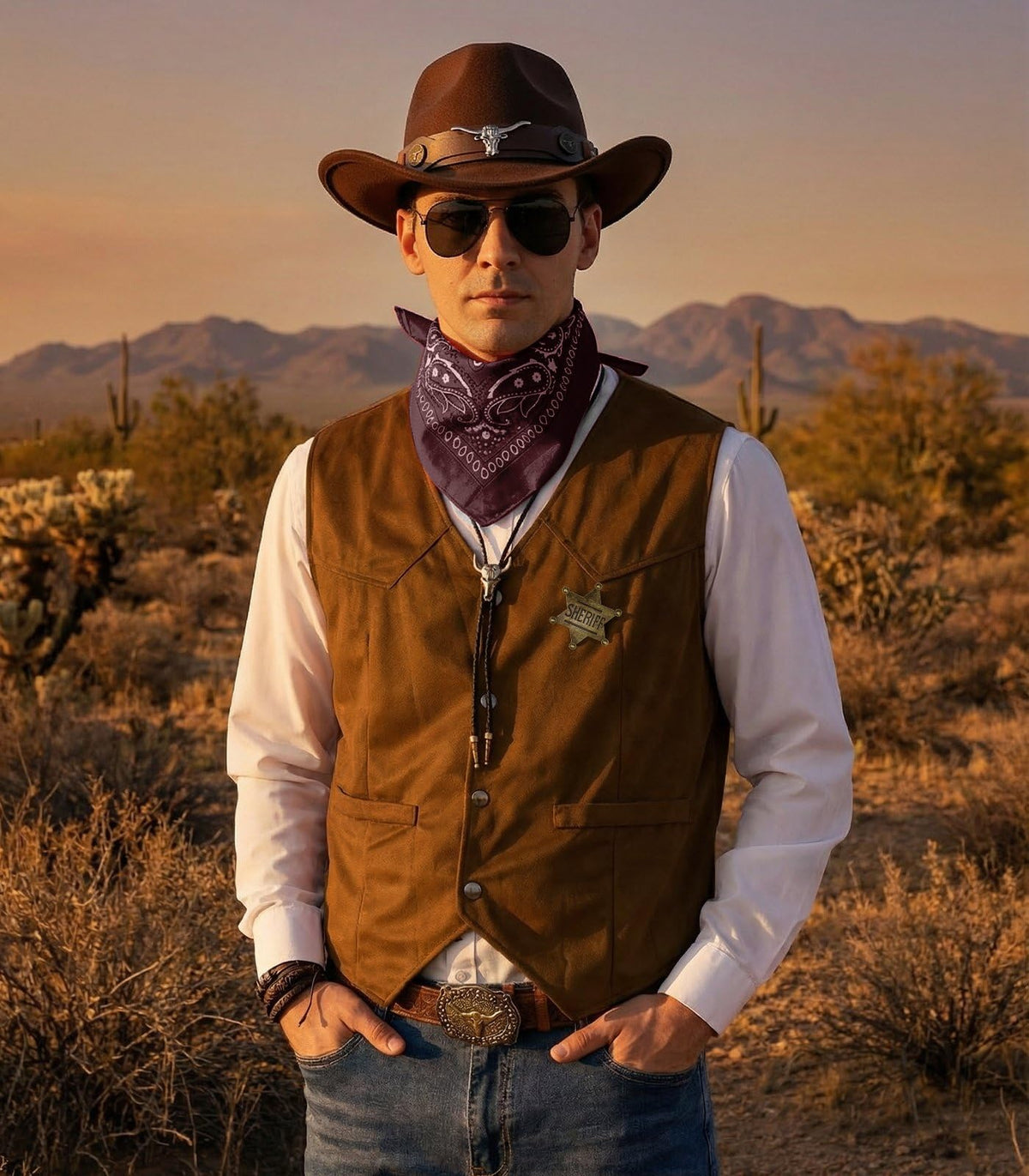 8 PCS Men’s Western Cowboy Costume Set with Cow Vest & Hat Retro Accessories Halloween Party Cosplay Darkbrown-L