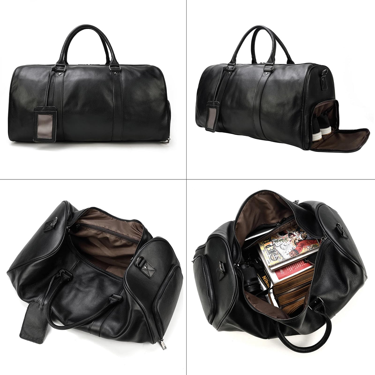 LUUFAN Leather Travel Bag Large Capacity Luggage Duffel Bag with Shoe Compartment, Men Women Weekend Shoulder Handbag for Holiday Business Trip (55cm-Black)