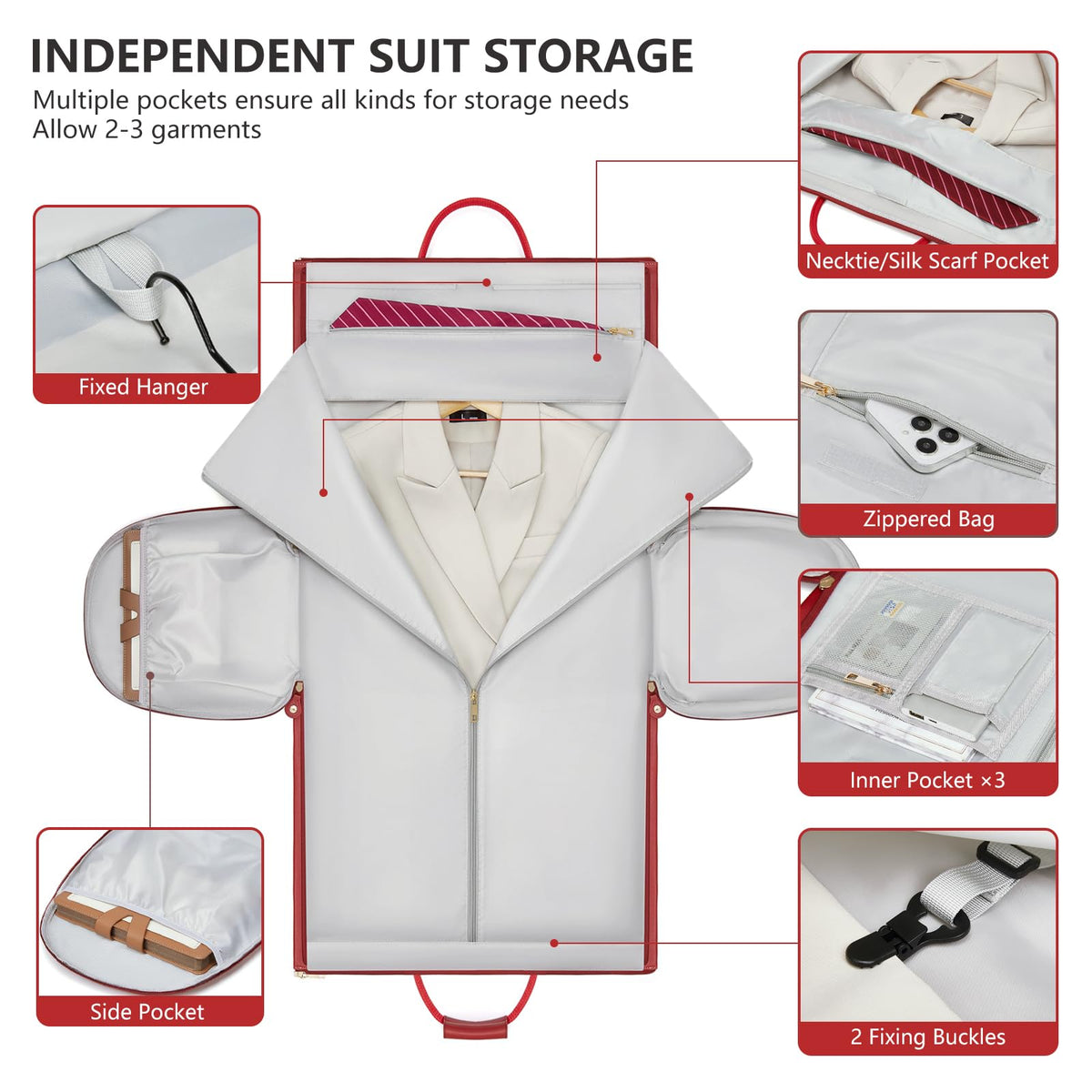 Leather Garment Bags for Travel, Convertible Carry on Garment Duffel Bag for Women, 2 in 1 Waterproof Foldable Travel Suit Bag with Shoulder Strap Weekender Bag with Shoe Pouch, Red