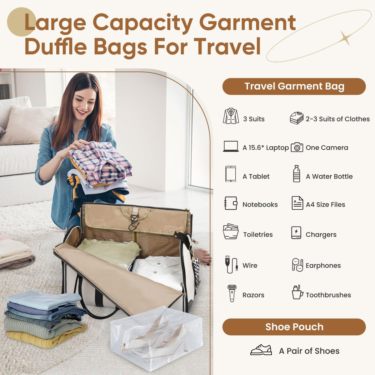 CSUNNUFA Convertible Garment Bag for Travel, Carry on Garment Duffel Bags with Shoe Pouch Weekender Bag for Men Women 2 in 1 Hanging Suitcase Suit for Business Trip, Vacation (Beige)