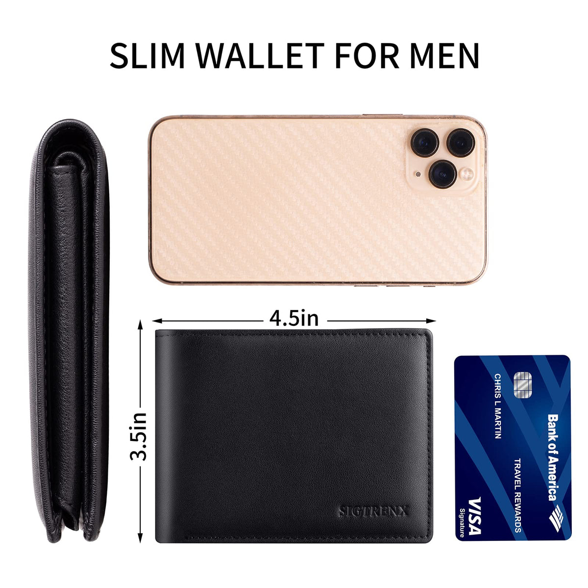 Sigtrenx Leather Wallets for Men, Genuine Leather Mens Wallet Bifold Rfid Blocking with 2 ID Windows (Black)