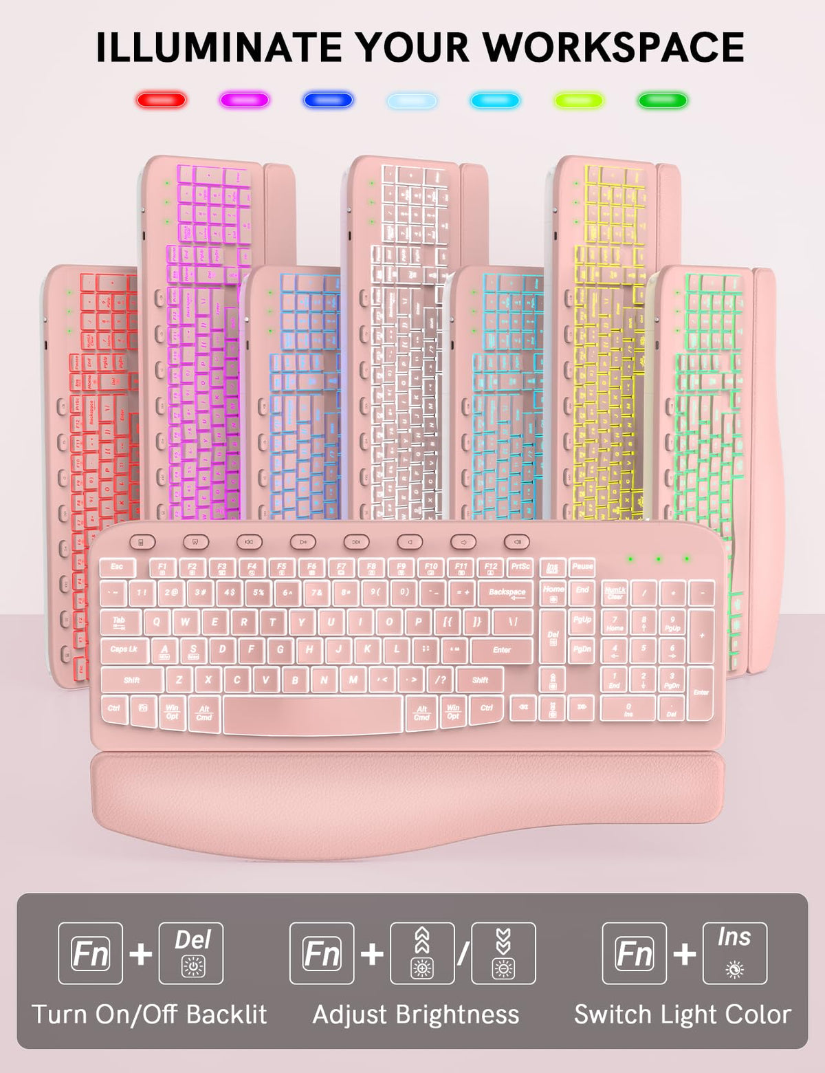 SABLUTE Wireless Keyboard and Mouse Combo Ergonomic - MA12Pro Wave Keyboard with Leather Wrist Rest for Comfortable Typing, RGB Backlit Rechargeable for Windows, Mac, PC, Laptop (Pink)
