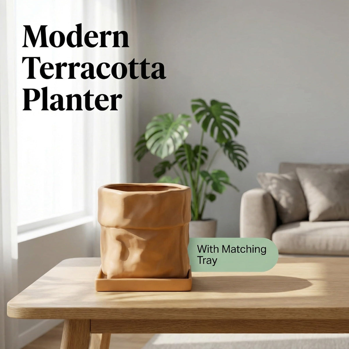 Nihow Ceramic Plant Pot: 6 Inch Planter with Drainage Hole & Square Saucer for Herbs/Plants, Bag Shape Design Flower Pot for Indoor & Outdoor Garden Decor - Terracota