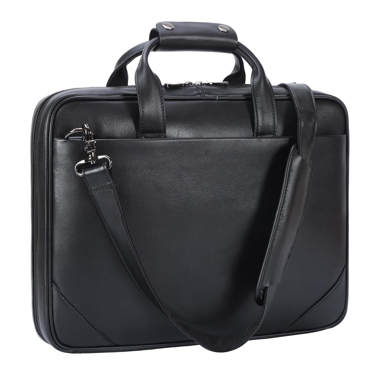 Masa Kawa Black Leather Slim Briefcase 14 Inch Laptop Bag for Men Crossbody Shoulder Messenger Computer Bags Attache Case for Business Work Lawyer