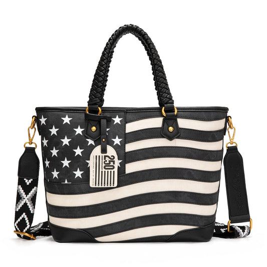 Montana West American Flag Tote Bag for Women Vintage Patriotic Western Shoulder Purse with Braided Top Handles and Crossbody Strap for Work Travel Everyday Use MW-HB-1385G-8317BK