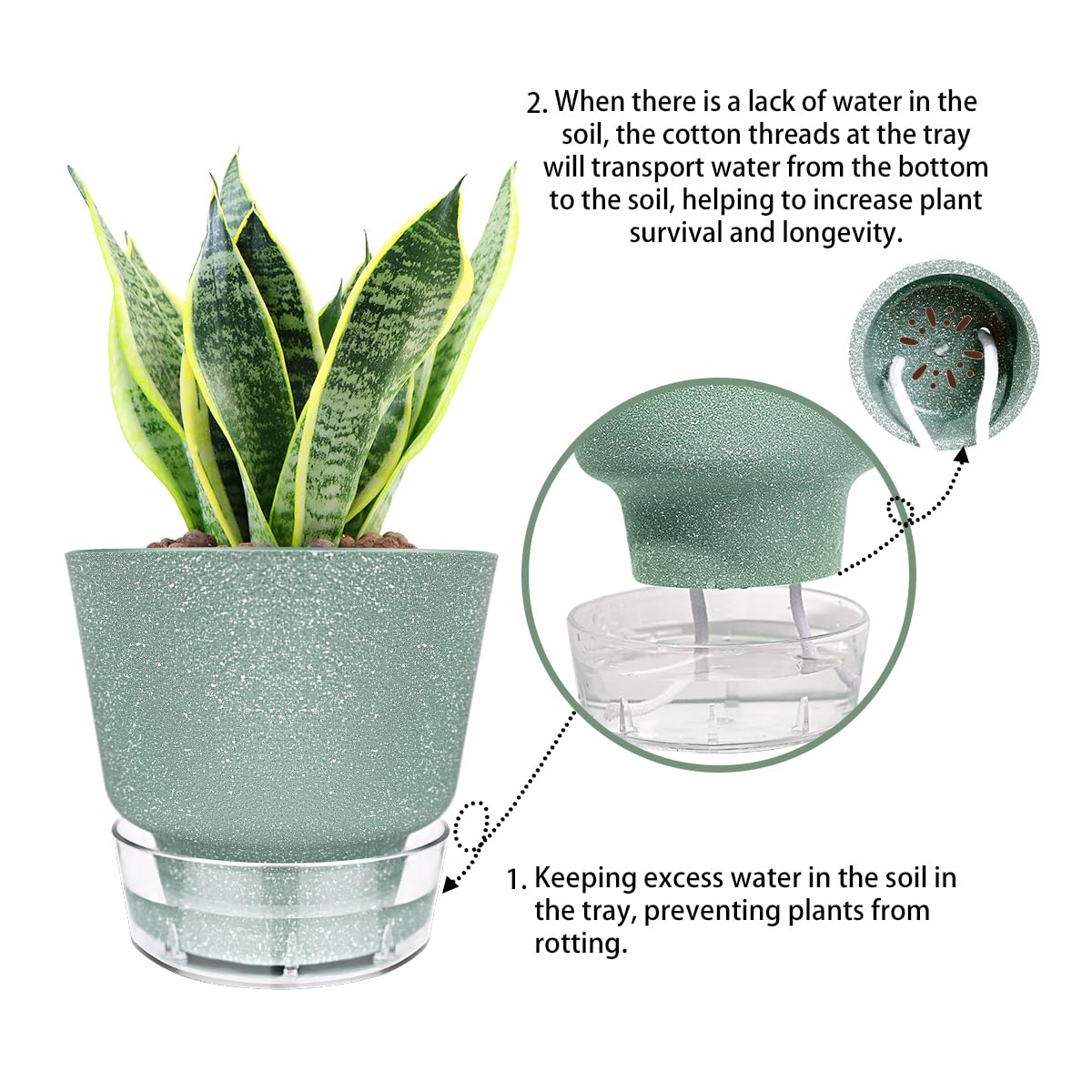 HYNZ 2024 Upgraded 5 Pack 6-Inch Self-Watering Planter Pots with Deep Reservoir for Indoor and Outdoor Plants with Planting Tools (Frosted Black)