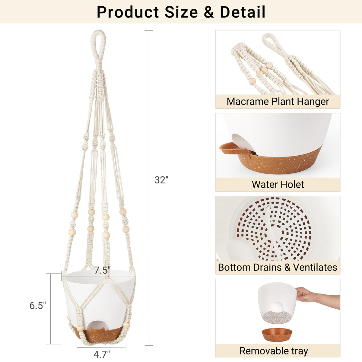 Mkono 7.5 Inch Hanging Planters, Macrame Plant Hangers with Self Watering Plant Pots Indoor Set of 2 Hanging Baskets Flower Pot Holders with Hooks No Tassels for Boho Home Decor, Ivory