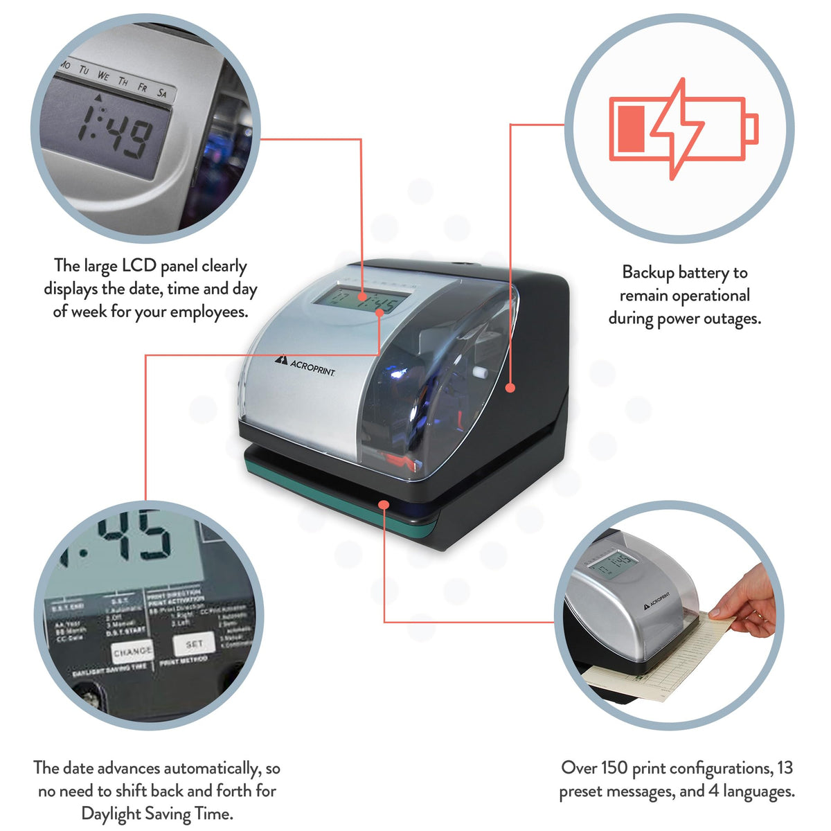 Acroprint Electronic Time Clock Machine – Time Stamp Machine for Employees, Ideal for Small Business, Accommodates Right or Left-Hand Time Cards, Selectable Hour Format